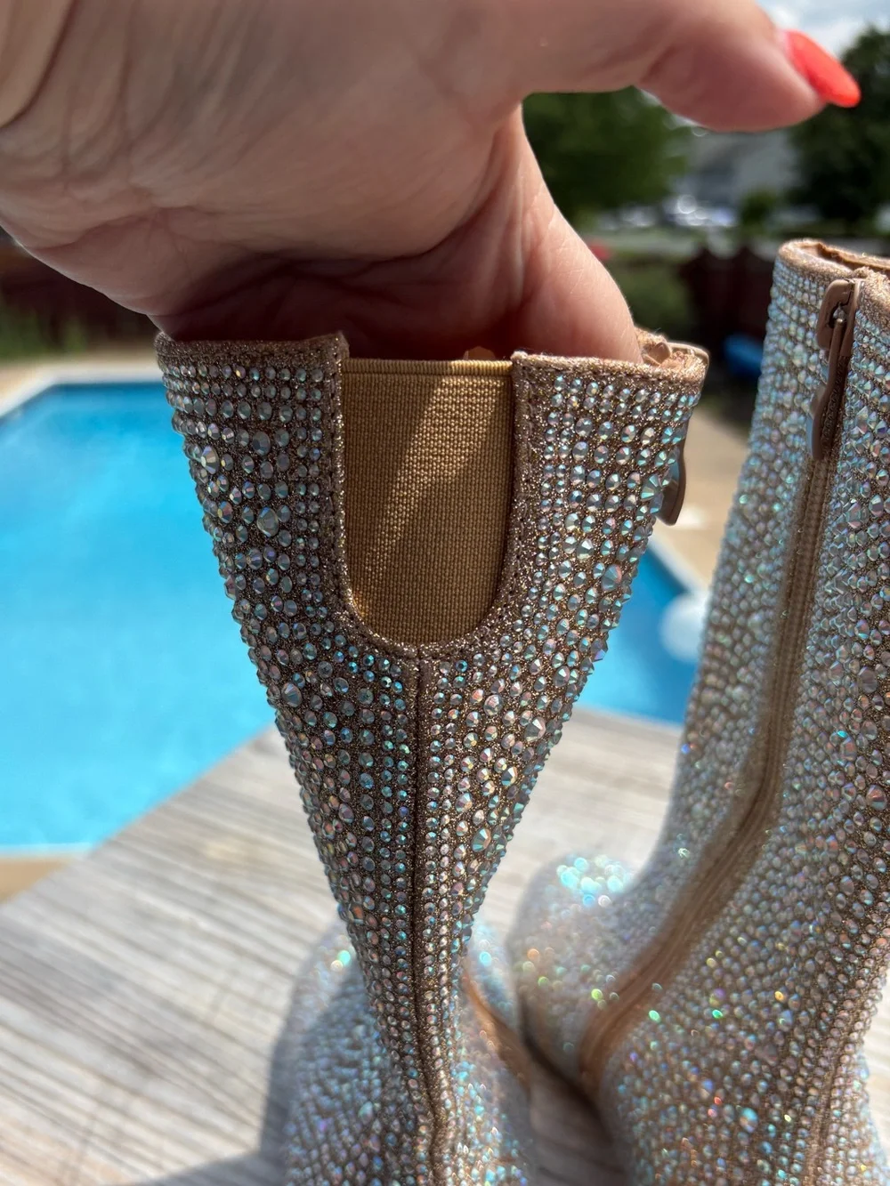 Rhinestone Tall, Round Toe, Chunky Low Heel Girls Boots Size 4